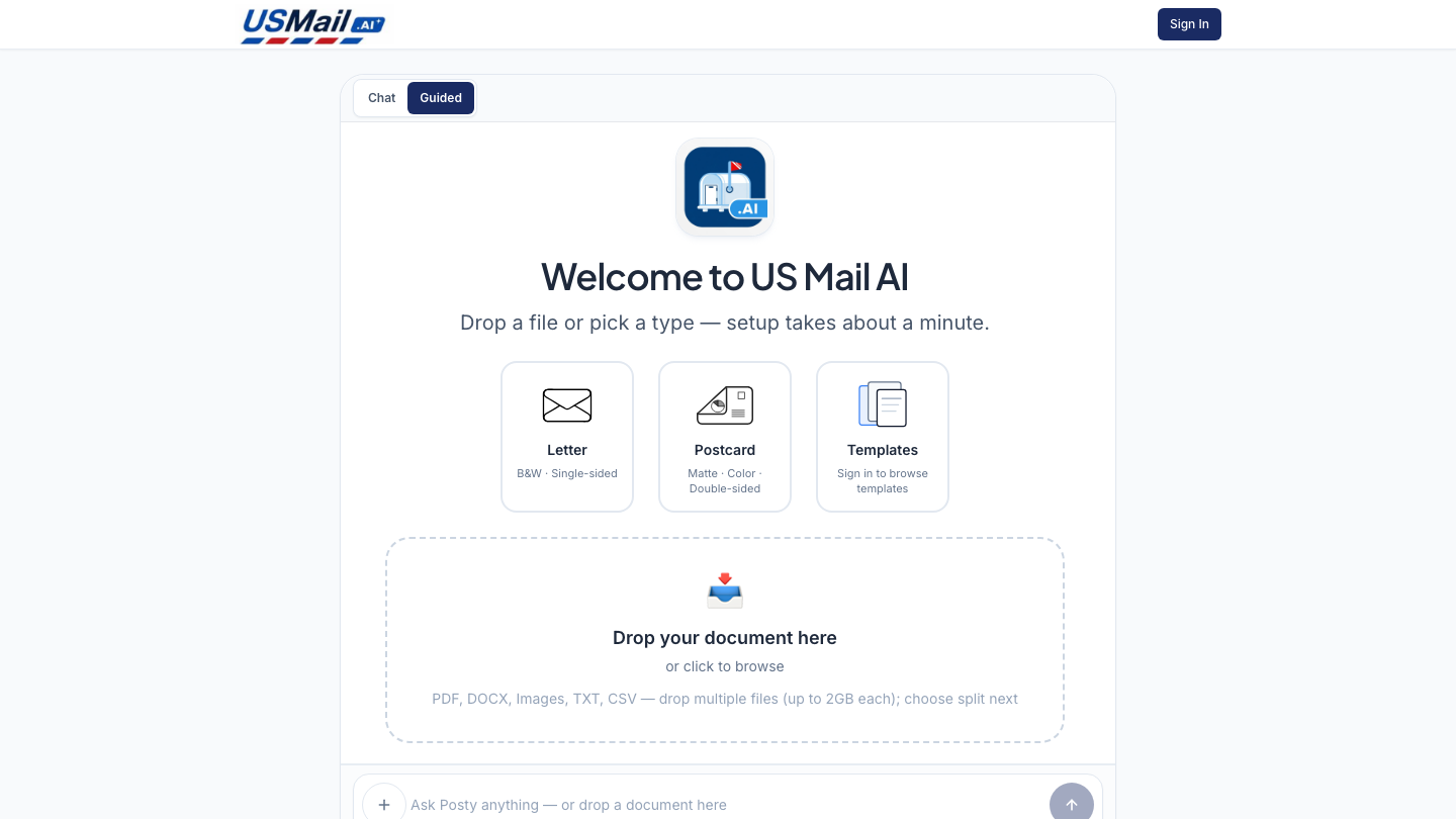 The USMail.ai app Guided view. Letter, postcard, or templates. Drop a document to start setup.
