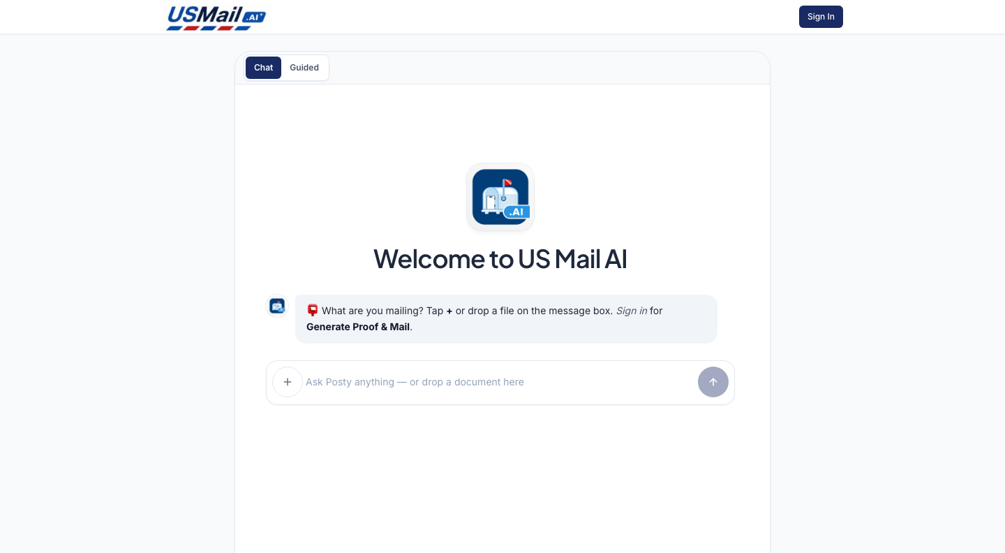 The USMail.ai app. Chat or Guided. Drop a file or ask Posty. Sign in to generate proof.